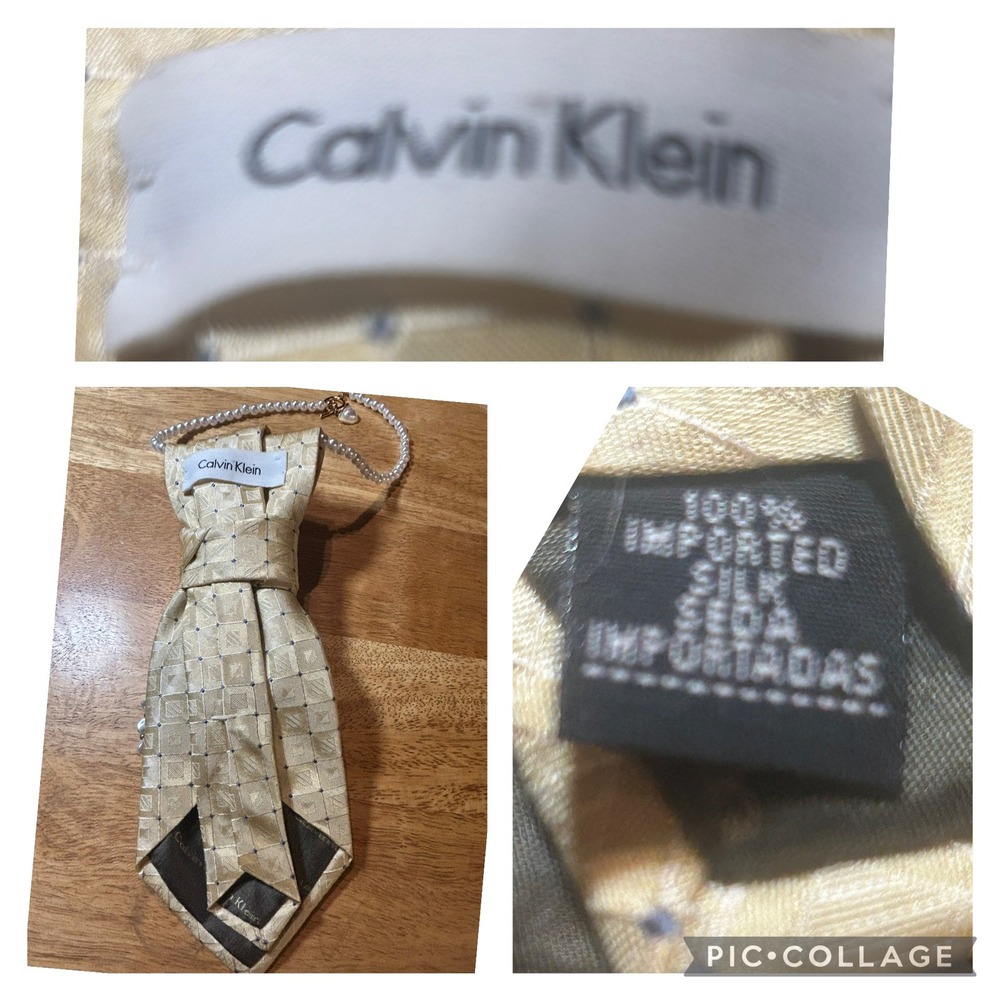 Calvin Klein 100% Silk Tie Necklace Mermaid Pearl Embellished Gold Champagne - Picture 7 of 12